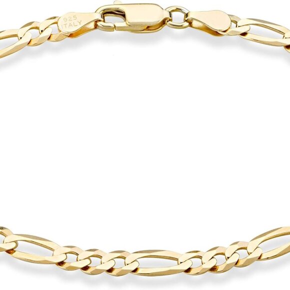 Solid 18K Gold Over Sterling Silver Italian 5mm Diamond-Cut Figaro Chain Bracele - Picture 1 of 6